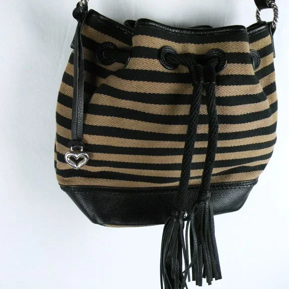 RARE Brighton Alder Black & Taupe Striped Leather Tassel Shoulder Crossbody Bag - Picture 3 of 10